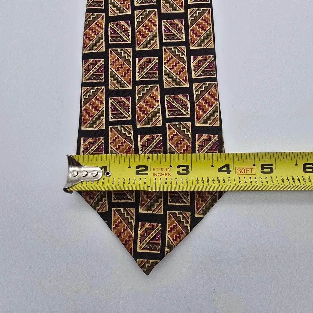 Chaps Ralph Lauren Mens Silk Tie Geometric Tribal Pattern Black Gold Burgundy